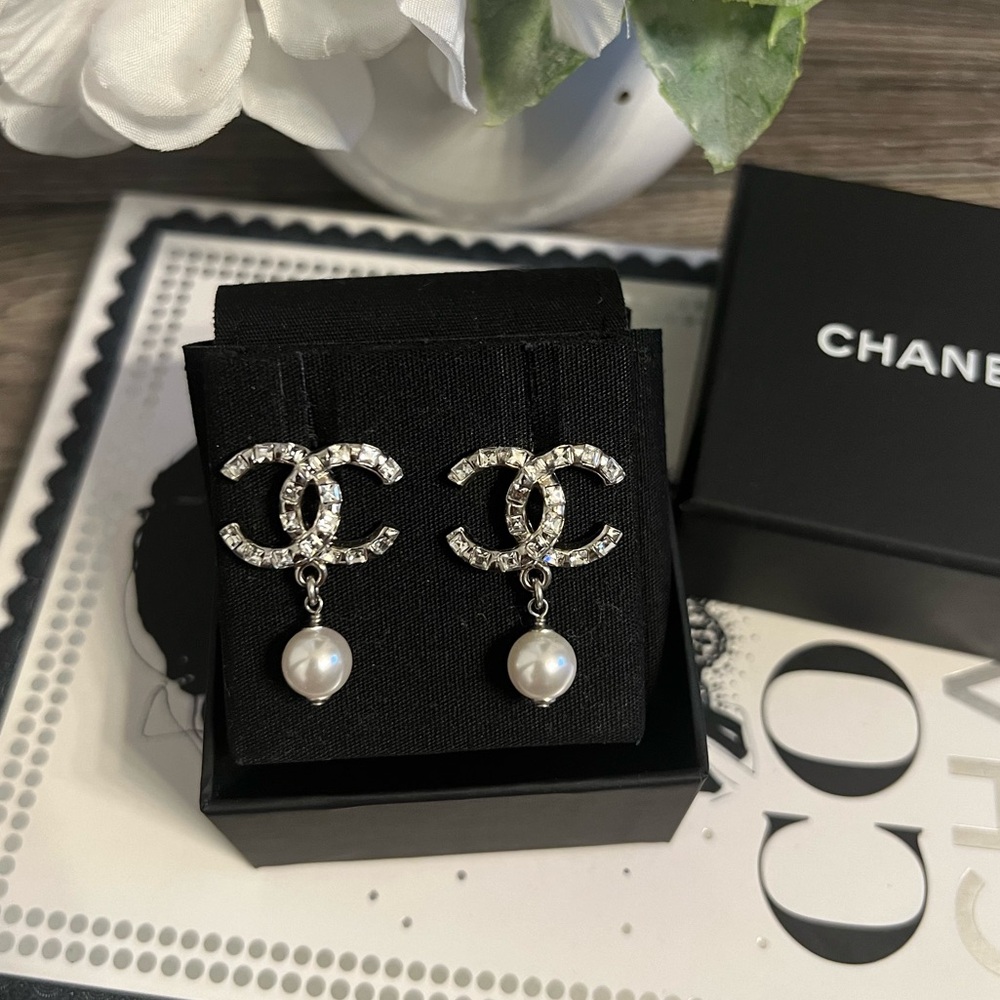 CHANEL Silver Crystal CC Faux Pearl Dangle Earrings